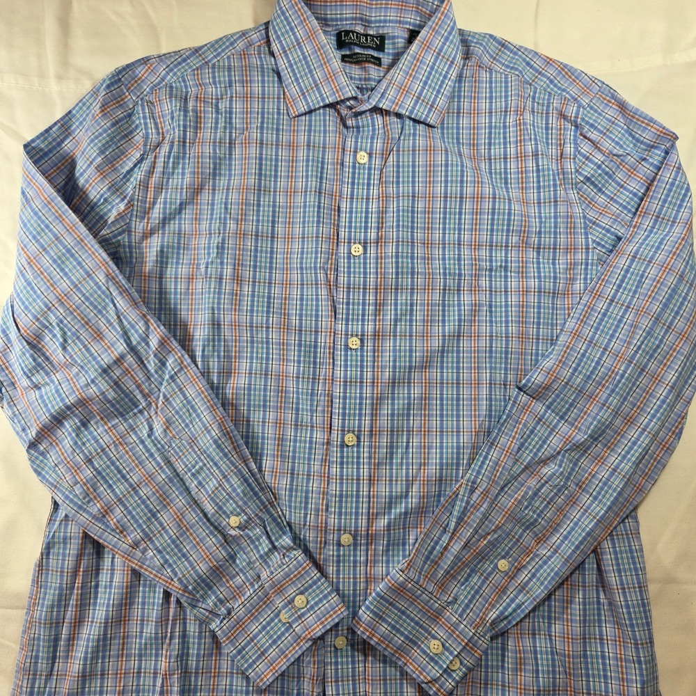 Lauren Ralph Lauren Mens Regular Fit Performance Stretch Plaid Shirt Blue L 16.5